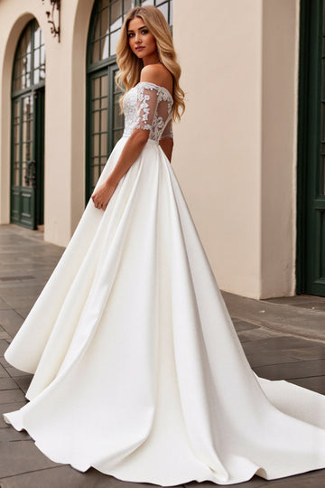 lvory A Line Off The Shoulder Lace Long Wedding Dress